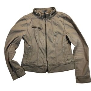 Express Womens Moto Jacket Taupe Brown Cotton Full Zip Mock Neck Size 8 508181
